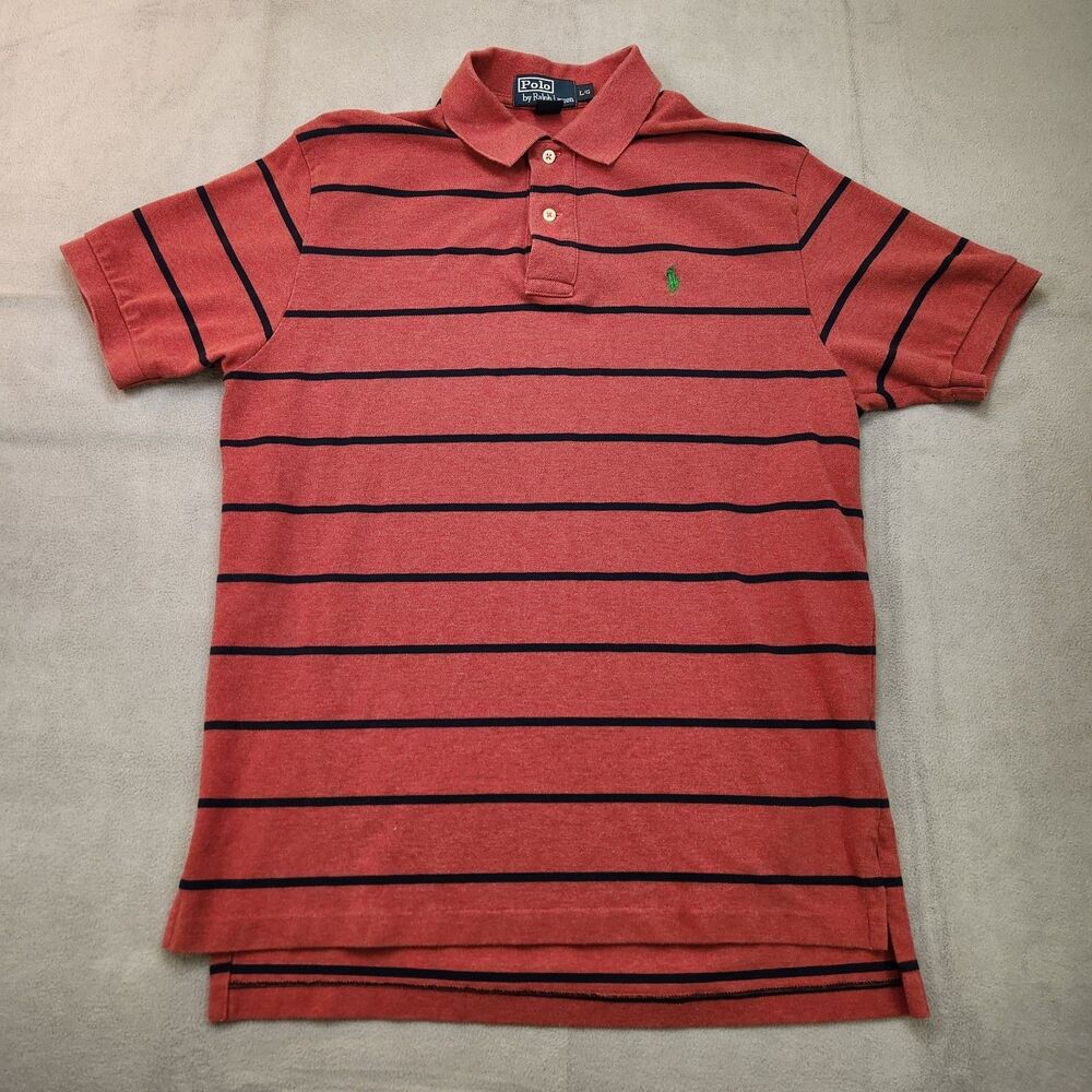 VTG Polo Ralph Lauren Polo Shirt Men's L Red Striped Short Sleeve Pony 90's‎ Y2K
